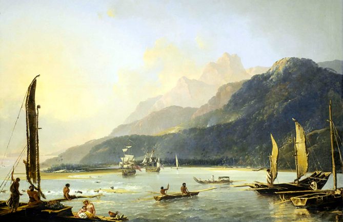 Le navire de Cook, dans la baie de Matavai à Tahiti par Hodges