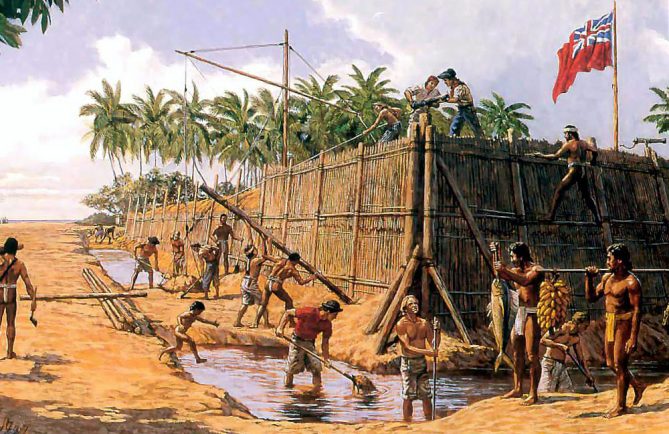 Fort George à Tubuai. Illustration Herb Kane