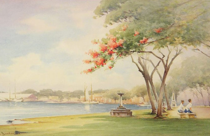 Le front de mer de Papeete en 1932. Aquarelle de Alister Macdonald