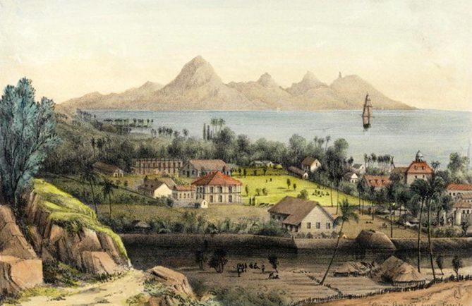 Papeete avec l'île de Moorea au loin, vue de la station de sémaphore.1848. Lithographie de Shipley Conway