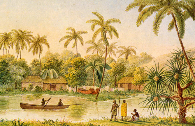 Village of Matavae, Tahiti, illustration from ''Voyage autour du Monde sur la Corvette Coquille