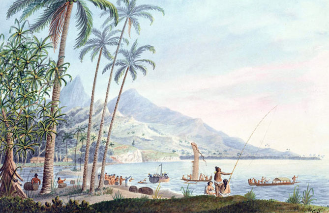 Near the watering place Matavai. Aquarelle de George Tobin 1792