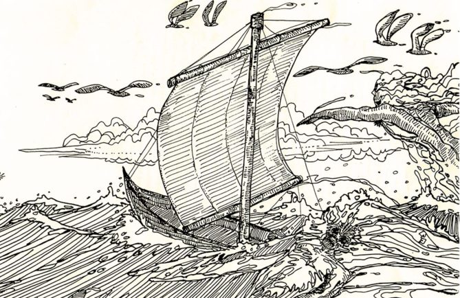 Mahina, le bateau fantôme de Hao. Dessin Daniel AKeou 2001